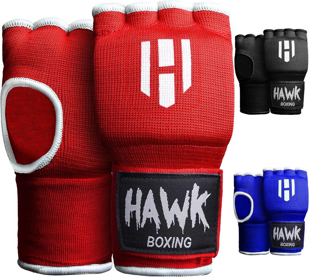 Hawk Padded Inner Gloves Training Gel Hand Wraps for Boxing Quick Wraps Men & Women Kickboxing Muay Thai MMA Bandages Fist Knuckle Wrist Protector Handwraps (Pair) (Red, S/ M)