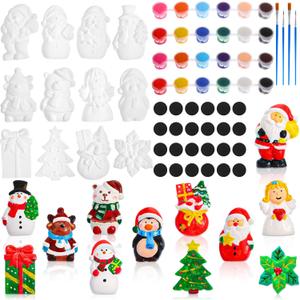 Soaoo 24 Set Christmas Ceramics to Paint DIY Painting Kit, 24 Pcs Unpainted Christmas Ceramic Crafts with 50 Magnets, 2 Sets 12 Color Paints and 4 Brushes Design and Paint Your Own