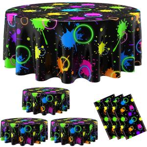 Oudain 6 Pcs Neon Party Table Cloths for Parties 84" Round Disposable Plastic Table Covers for Birthday Baby Shower 80s 90s Party Supplies Decor (Black)