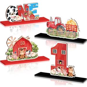 4Pcs Farm Animal One Wooden Table Centerpieces Farm Barnyard Happy 1st Birthday Table Sign Party Supplies for 1 Year Old Baby Shower Boys Girls Birthday Party Supplies Decor Photo Props Kids