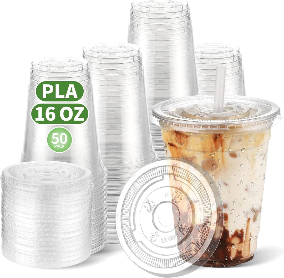 16 OZ Compostable Clear Plastic Disposable Iced Coffee Cups with Flat Lids, Biodegradable Cold Drinking To Go Coffee Cups for Party Smoothie, Slushy, Milkshake Lemonade 50 Sets