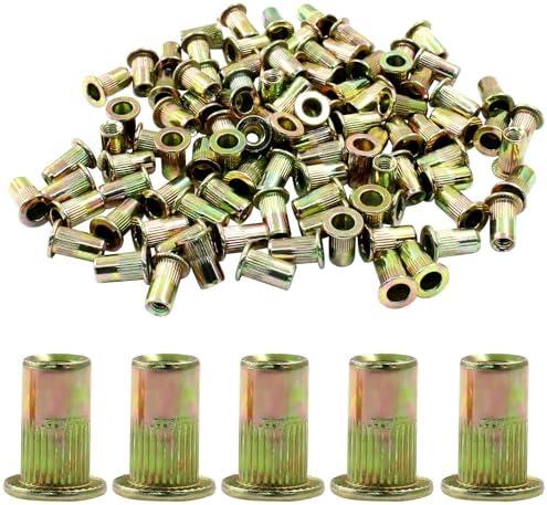 100 Pcs 6-32 UNC Rivet Nut, Carbon Steel Flat Head Rivnu, Threaded Rivets Nut Inserts for Automotive, Furniture