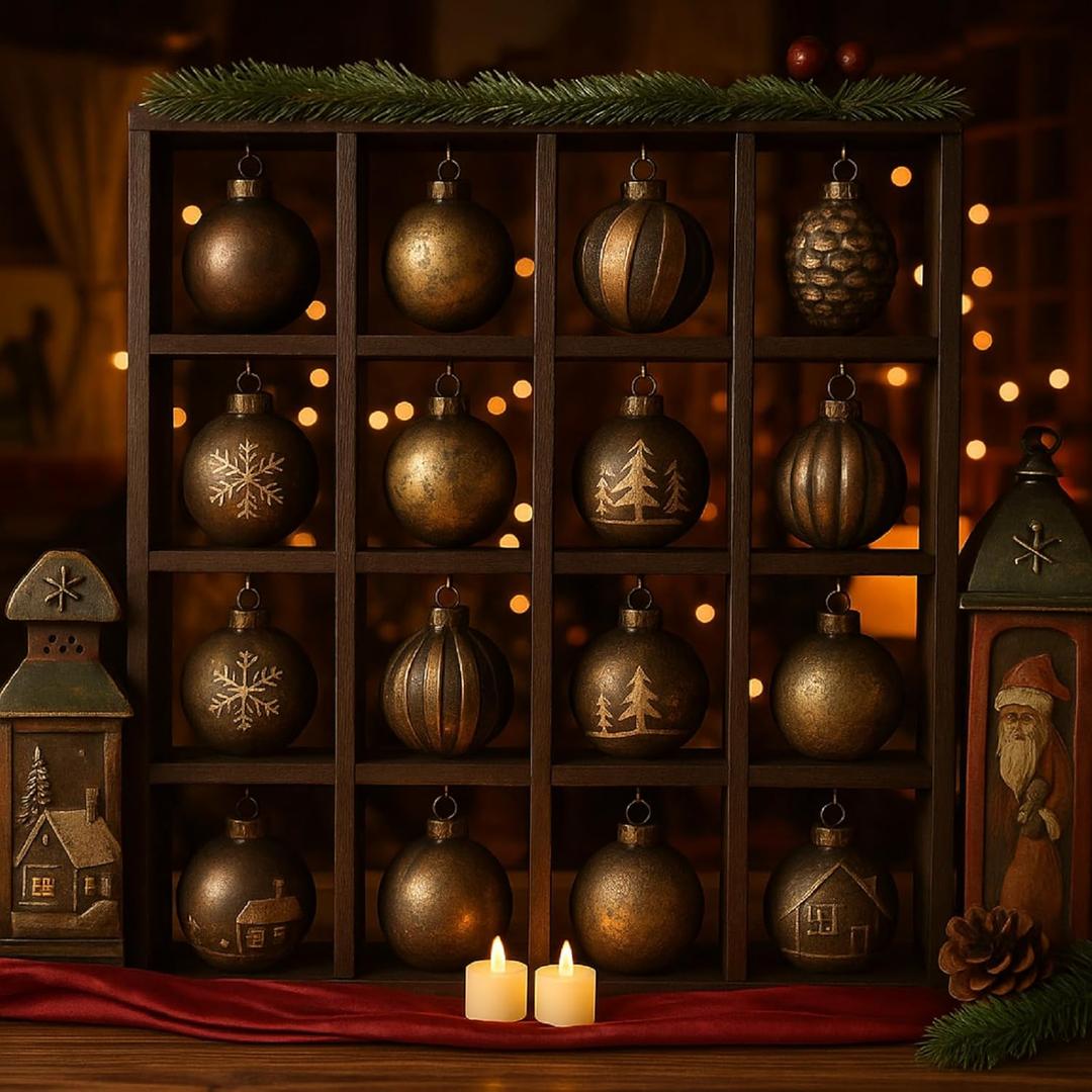 Cinnvoice Christmas Holiday Ornament Displays Rack, 16 x 16 Hanging Stand Holder Hanger with 16 Compartments for Christmas Ball Display Shelf Cabinet for Craft DIY Wall Decorations Gift (Brown)