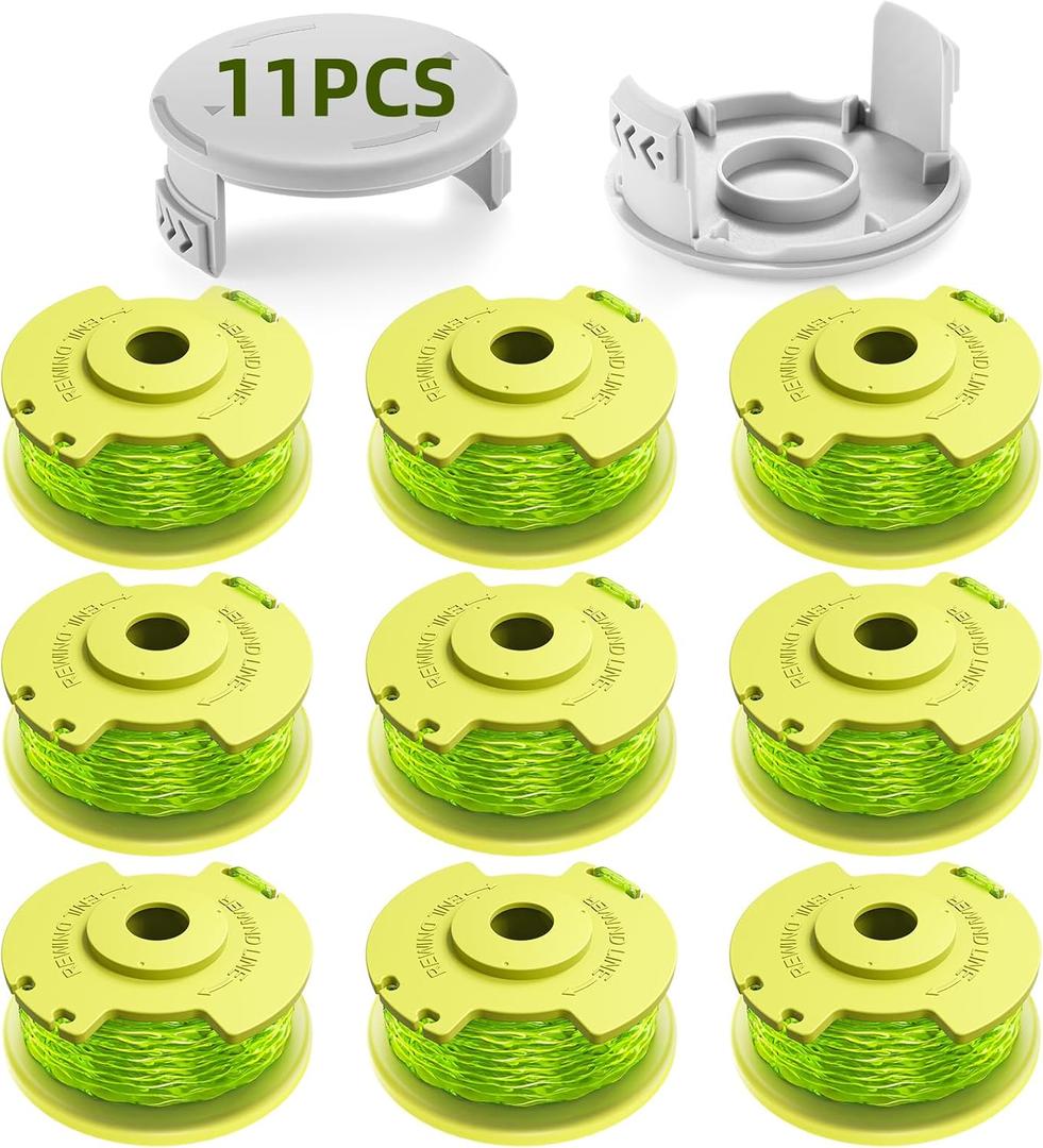 YWTESCH Trimmer String for Ryobi One Plus+ AC80RL3,11 FT/0.080-InchSpool Replacement Compatible with Ryobi 18v, 24v, and 40v Cordless Trimmers (9 Pack Trimmer Line & 2 Pack Trimmer Cap)