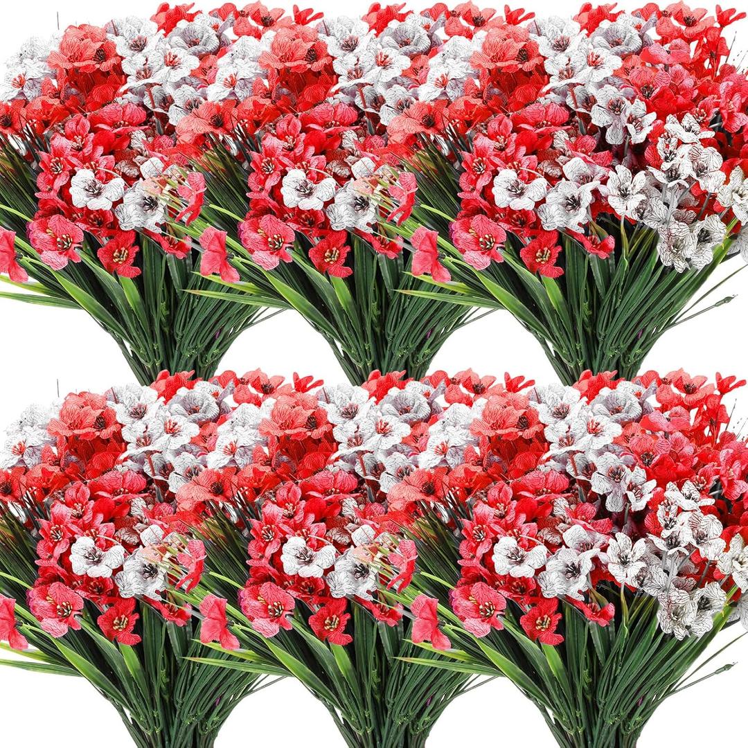 Lyrow 12 pcs  Violet Artificial Flowers, UV Resistant Faux Flowers Outdoor, Faux Silk Flowers, Fake Violet Flowers Bulk for Front Porch Hanging Garden Courtyard Farmhouse Home(Red, White)