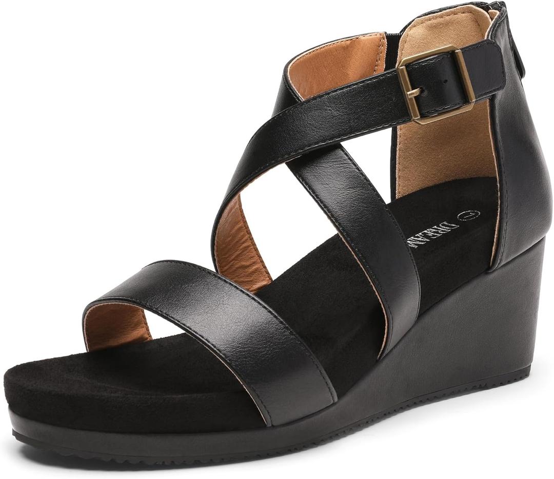 DREAM PAIRS Women's Open Toe Buckle Ankle Strap Summer Platform Wedge Sandals (8.5, Black/Pu)