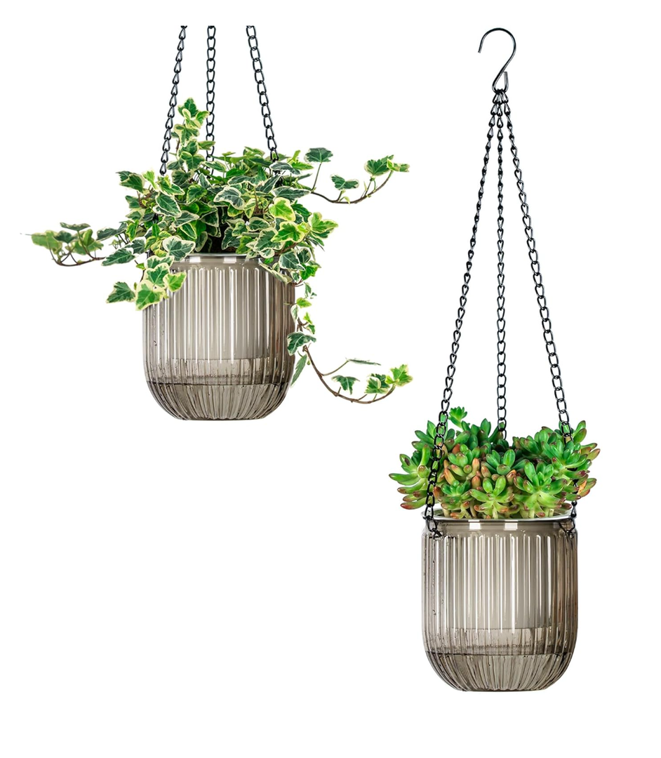 GANAZONO 2pcs Self Watering Hanging Planters Indoor Pots Outdoor Hanging Basket Plant Hanger with 3 Hooks for Garden Home
