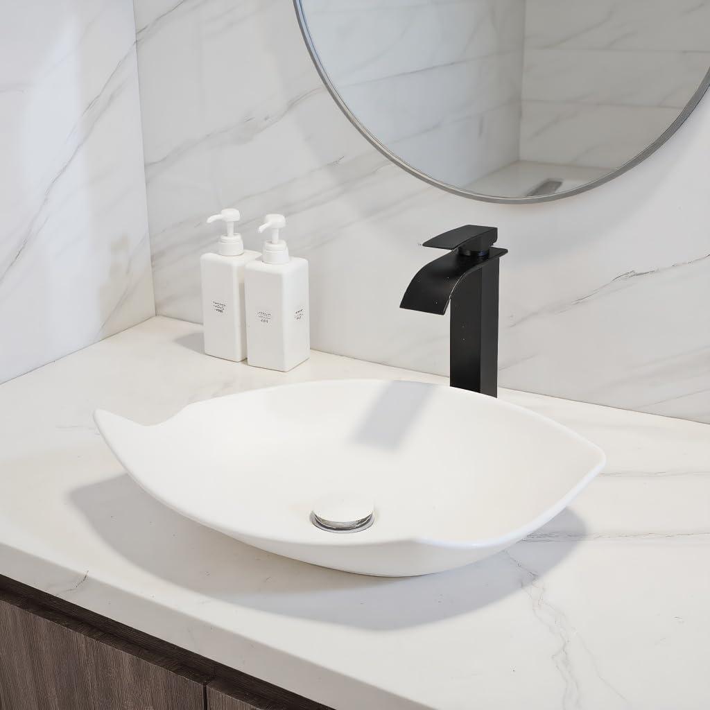 22x14 Inch White Stone ResinBathroom Vessel Sink with Art Faucet and Drain, Rectangle Bathroom Sink Above Counter, Modern White Vessel Sink for Bathroom Vanity
