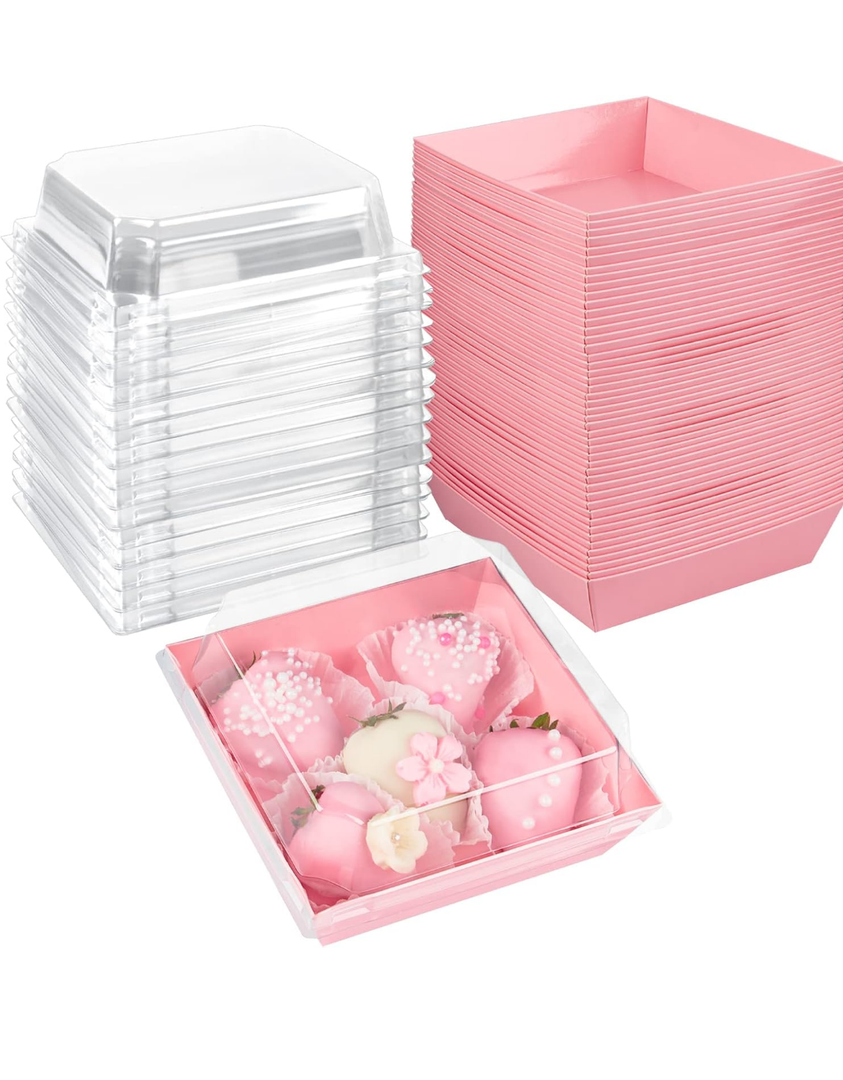 Ocmoiy Pink Charcuterie Boxes with Clear Lids 4x4 Inch, 100 Pack Square Kraft Bakery Cake Slice Boxes with Window, Dessert To Go Containers (100)