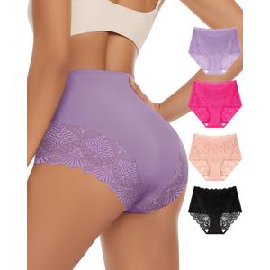 Women's High Waisted Underwear Ladies Lace Sexy Panties Breathable Soft Stretch 3 Pack Full Coverage, XL