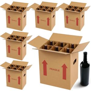 Tatuo 5 Pack Wine Bottle Boxes for Moving 13 x 11 x 8 Inch Corrugated 6 Bottle Liquor Shipping Box Kitchen Packing Storage Carrier with Divider Kits and Handles for Glassware Dishes