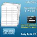 1" X 2-5/8" Address Labels 30 Per Sheet Sticker Paper for Laser and Inkjet Printers, 8.5"11" White- 3000 Labels