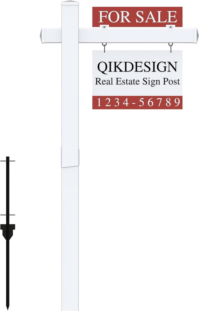 Qikdesign Vinyl PVC Real Estate Sign Post 6' Tall (Connected type), White Realtor Yard Sign Post with Flat Cap for Open House, 36" Arm Holds Up to 24" Sign