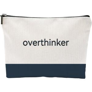 Funny Makeup Bag for Women - overthinker Relatable Quote Pouch - Minimalist Navy Blue Color Block Canvas Cosmetic Organizer - Unique Gift for Best Friend, Introverts & Mental Health Awareness