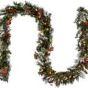 National Tree Company 9 ft Pre-Lit Wintry Pine Flocked Artificial Christmas Garland, Christmas Decoration with Pinecones, Red Berries, 100 Clear Lights, 184 Tips, Green
