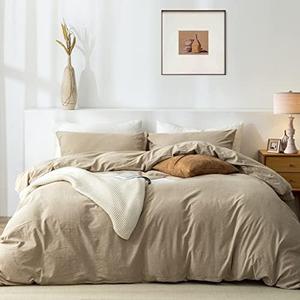 TIPTOE BEAR Queen Duvet Cover Set- 100% Washed Cotton 3 Pcs Soft Comfy Breathable Chic Linen Feel Bedding, 1 Duvet Cover and 2 Pillow Shams