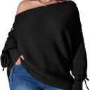 SOLY HUX Women's Plus Size Sweater Off Shoulder Lace Up Long Sleeve Asymmetrical Neck Pullover Top (XX-Large Plus, Plain Black)