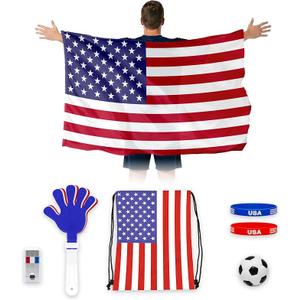 Wildarms USA Soccer Fan Accessories Kit 6PCS with Wig, Scarf, Tattoos, Whistle & Wristband - Game Day & Watch Party Gear