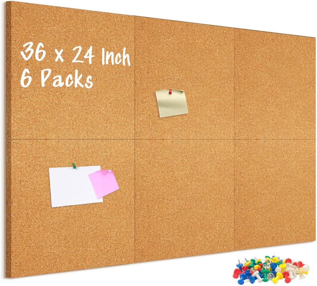 DOLLAR BOSS Cork Board Tiles, 6 Packs 12" x 12" 1/2" Thick Cork Bulletin Board Self Adhesive Corkboards for Walls with 60 Pushpins for Home Office Kitchen School Decor Display