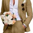 Beige Men's Linen Suit 2 Piece Slim Fit Summer Beach Wedding Dress Prom Party Suit Blazer Jacket and Pants (Yellow, L)