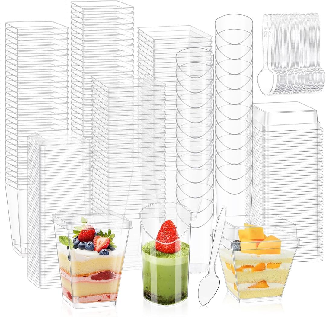 300 Packs 5oz Dessert Cups with Lids and Spoons, Clear Parfait Cups for Parties, Mini Plastic Dessert Cups Appetizer Cups, Square Dessert Shooter Cups for Fruit Chocolate Pudding and Ice Cream