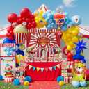 Carnival Theme birthday party decorations & include red blue yellow balloon & foil hot air popcorn balloons & striped banner tablecloth & Backdrop carnival Circus road sign paper card Signboard decor
