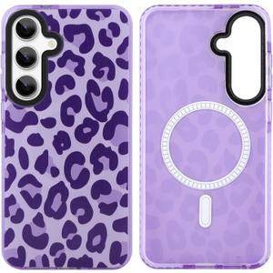 SAKUULO Magnetic for Samsung Galaxy S25 Plus Case Dark Purple Leopard Print Pattern [Compatible with MagSafe] [with Screen Protector] Wireless Charge Strengthen Protection Cover (6.7")