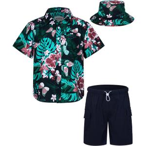 Boys Hawaiian Shirt and Short Set Summer Outfit Kids 2 Piece Clothes Set With Bucket Hat (3-4T, Black9)