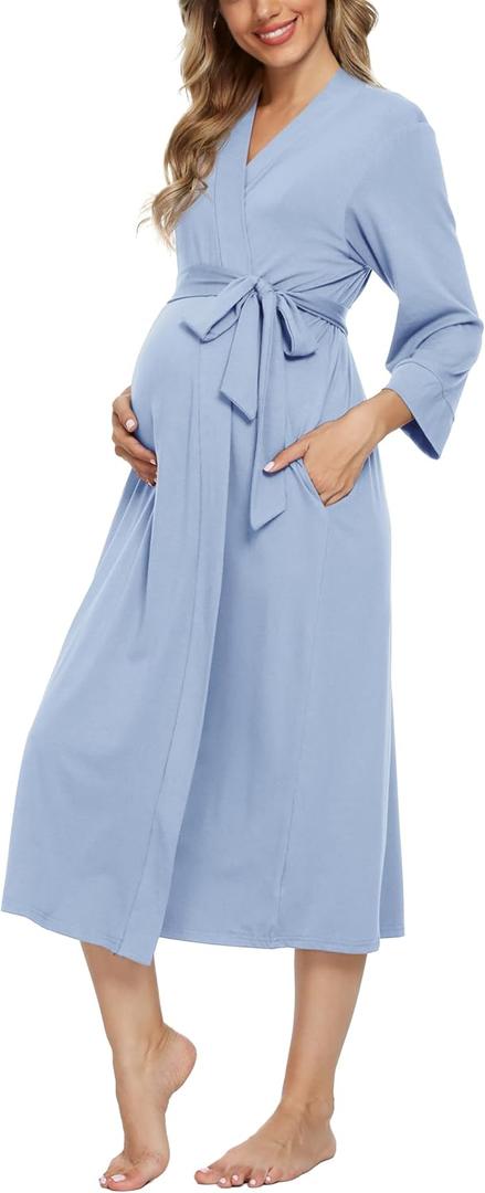 Xpenyo Women's Maternity Sleepwear, Labor/Delivery/Nursing/Hospital Nightgown Kimono Robes Long Pregnancy Loungewear (Large, Light Blue)