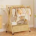 Amazer Kids Clothing Rack with Storage Boxs, Bamboo Baby Clothing Rack Organizer, Small Garment Stand, Rolling Kids Wardrobe, Toddler Dress up Storage, Portable Coat Rack for Toddlers Bedroom Laundry