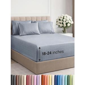 Extra Deep Queen Sheet Set - 6 Piece Breathable and Cooling Sheets - Hotel Luxury Bed Sheets Set - Easy Fit - Soft, Wrinkle Free and Comfy Sheets Set - Heathered Blue Sheet Set with Extra Deep Pockets