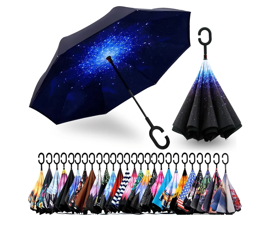 SIEPASA 49/56 Inch Inverted Reverse Upside Down Umbrella, Extra Large Double Canopy Vented Windproof Waterproof Stick Golf Umbrellas with C-shape Handle.