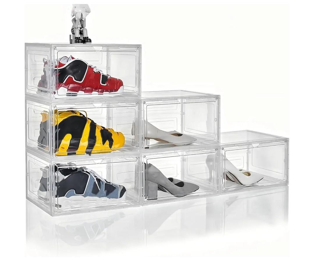 Clear Shoe Box Plastic Stackable Upgraded Pack Shoe Storage Box Organizer with Clear Large Magnetic Door for Display Sneakers Easy Assembly, White