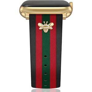 Designer Leather Bands with Charms Compatible with Apple Watch 38mm 40mm 41mm 42mm(S11/10) 44mm 45mm 46mm 49mm Women Men Strap for iWatch Series 11/10/9/8/7/6/5/4/3/2/1 SE 1/2/3 Ultra 1/2/3 (Black/Green/Red+Gold)