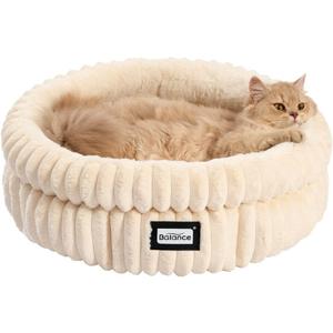 BALANCE Cat Bed Kitten Bed, Washable Round Cat Beds for Indoor Cats,Super Soft Plush Faux Fur Pet Bed for Puppy and Kitten with Anti-Slip Bottom (20.0"L x 20.0"W x 8"Th, Winter White)