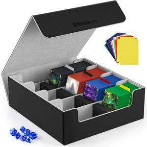 Mlikero Card Deck Case, 2400+ Trading Card Storage Box with 10 Colorful Dividers and 4 Foam Stoppers, Leather Magnetic Closure Commander Deck Box Fit for MTG, TCG (4 Rows, Black&Grey)