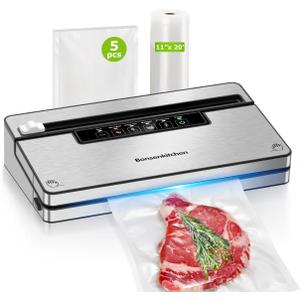 Bonsenkitchen Vacuum Sealer Machine, Stainless Steel Food Sealer Vacuum Sealers with 1 Roll & 5 Bags, 5 Food Vacuum Modes, Built-in Cutter & Bag Storage (Silver Black)