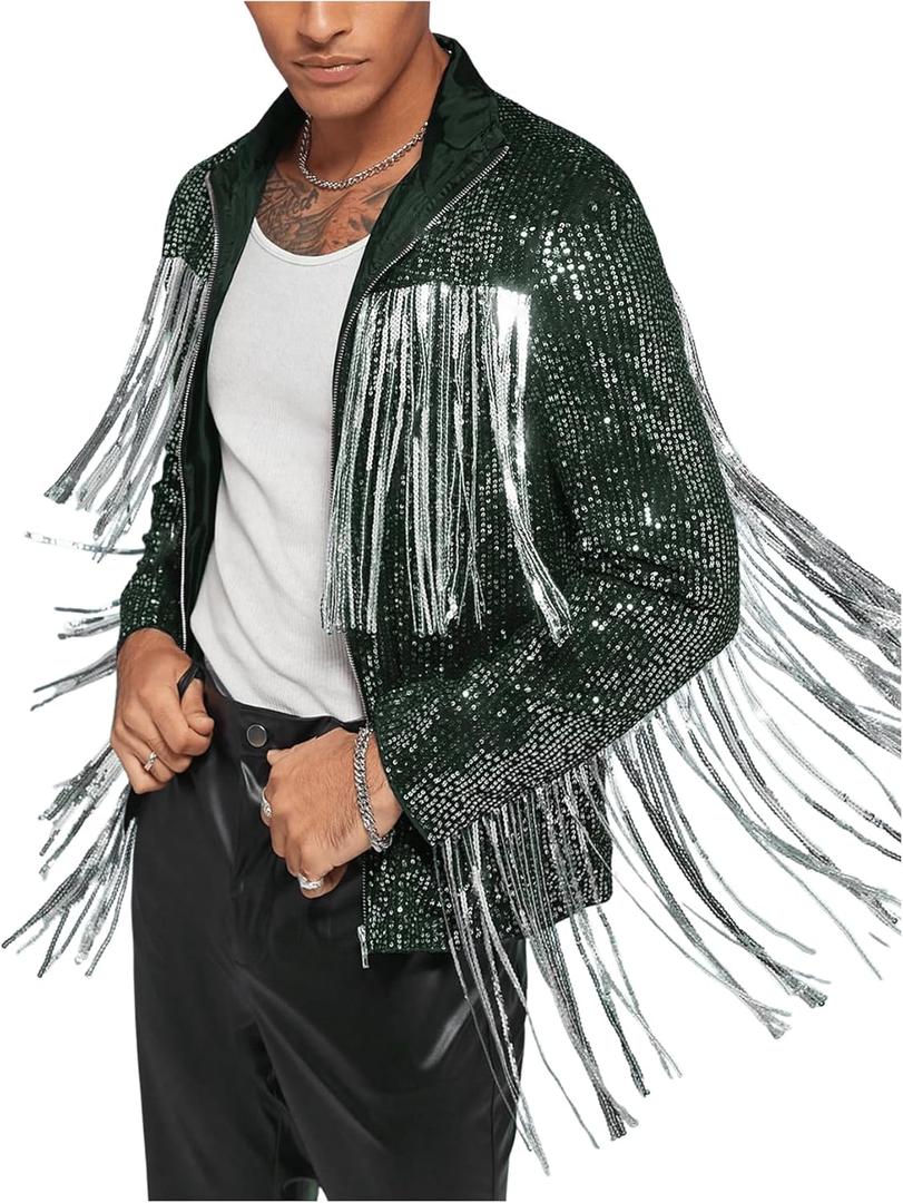 Men's Fringe Trim Jackets Zip Up Long Sleeve Sequin Regular Fit Spring Fall Coats (Large, Dark Green)
