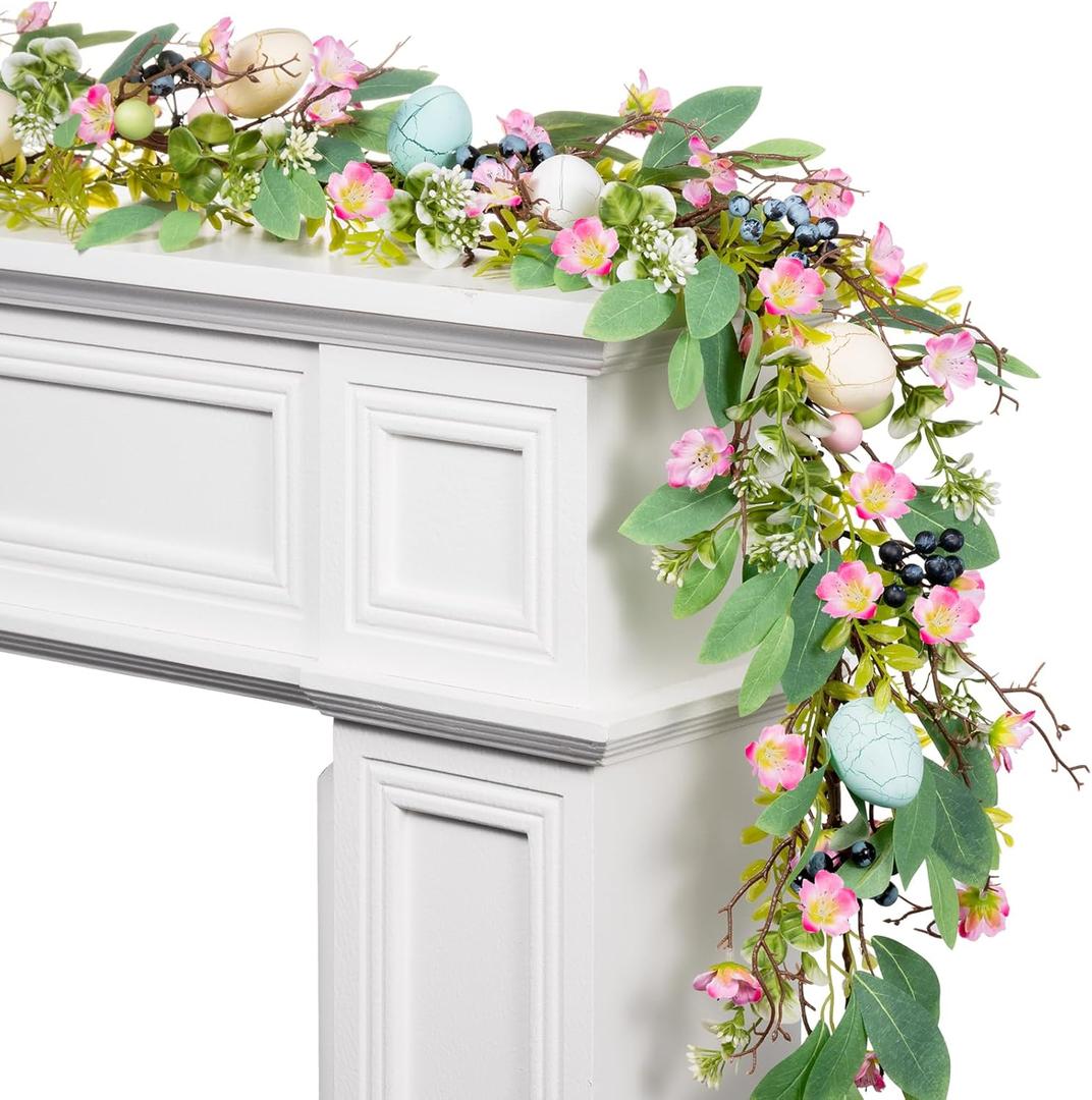 6 FT Pre-Lit Easter Garland with 20 LED Lights & 8 Modes Timer, Lighted Pastel Easter Egg Garland for Mantle Decorations, Greenery Spring Garland with Flower & Berry for Fireplace Table Holiday