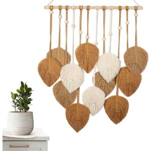 ASMPCUE Macrame Wall Hanging Leaves, Boho Wall Decor Art Feather Tapestry with 12 Leaves, Handmade Yarn Tassels Decorations for Living Room, Bedroom, Apartment Home Decor, 20 X 27.5 Inch, Brown