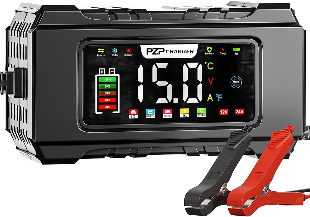 PZP 15-Amp 12V/24V Smart Battery Charger, Maintainer & Trickle Charger for LiFePO4, Lead Acid Batteries - Fully Automatic 9-Stage Charging w/Temp Compensation for Motorcycle Car Truck Lawnmower Boat (Black)