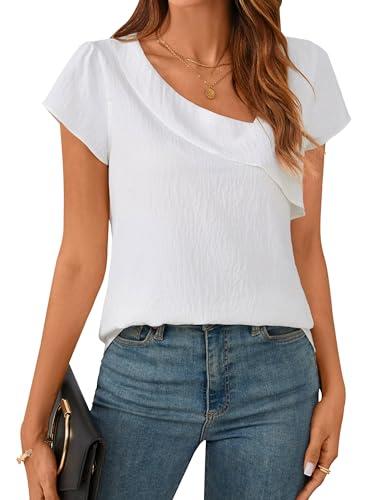 BMJL Womens Dressy Casual Blouses Asymmetrical V Neck Business Work Tops Ruffle Sleeve Summer Shirts (S,White)
