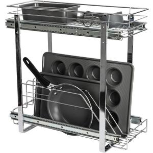 Household Essentials Glidez Multipurpose Chrome-Plated Steel Pull-Out/Slide-Out Dual-Sliding Storage Organizer for Cookware and Bakeware - 2-Tier Design - Fits Standard Size Cabinet or Shelf, Chrome (9" - Extended)