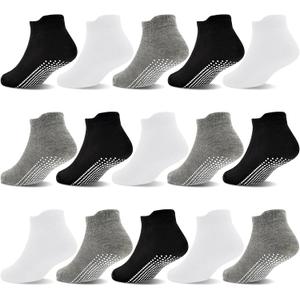 GRPSKCOS Non Slip Toddler Socks 15 Pairs Toddler Grip Anti Skid Low Cut Socks for Boys Girls（#1 Black + White + Light grey, 3-5T）