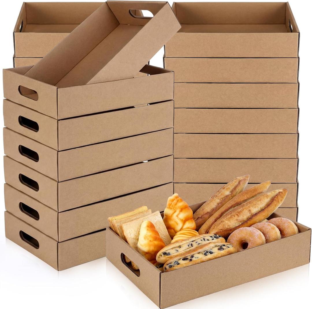 50 Pack Cardboard Trays for Food with Handles 13" x 9" x 3" Sturdy Disposable Cookie Serving Trays Bulk for Party Platters, Crafts, Fast Food, Take Out Container(Brown)