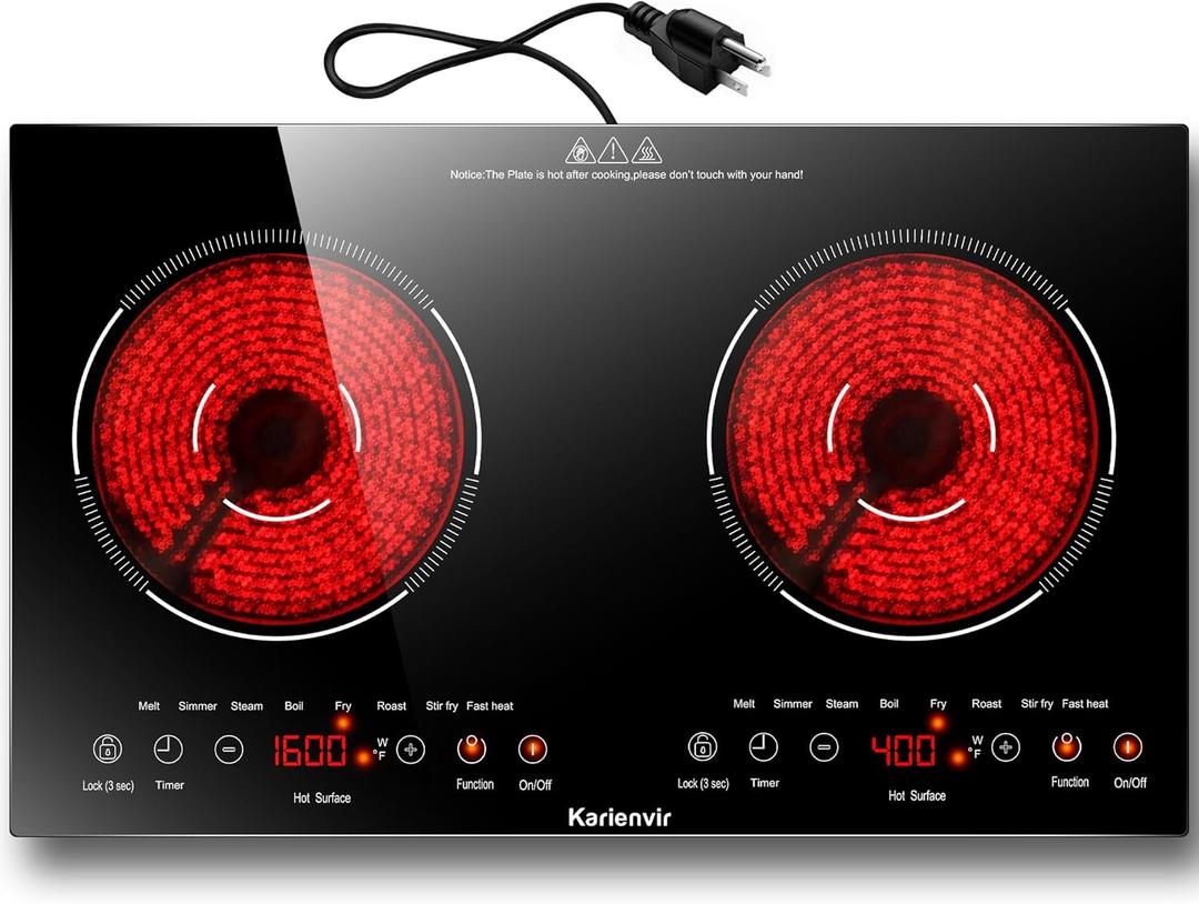 2 Burner Electric Cooktop 110v, 2000W Electric Stove Top Countertop & Built-in, Plug-in Electrics Cooktop 24 Inch, 8 Power Levels & 8 Functions, Touch Control, Safety Lock, Timer, Karienvir