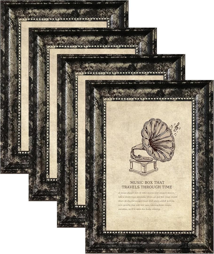 TKGYU 8x10 Picture Frame with Real Glass, 4 Pack Ornate Vintage Picture Frames for Wall or Tabletop Display, 8 x 10 Photo Frame for Wall home best gift (ps-Black silver-4pcs)