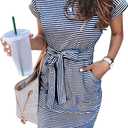 MEROKEETY Women's 2026 Summer Casual T Shirt Dress Short Sleeve Striped Tie Waist Work Vacation Trendy Short Dresses (X-Large, Navy)