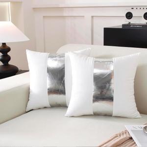 TAOSON Pack of 2 Velvet Decorative Throw Pillow Covers White Patchwork with Silver Striped Leather Pillow Covers 18  18 Inch Cushion Covers Decor Living Room Sofa Bedroom Car Only Cover No Insert