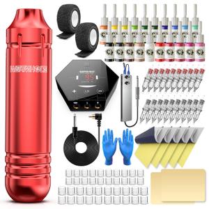 Wormhole Tattoo Kit Tattoo Gun Kit Tattoo Machine for Beginners 20 Color Inks Power Supply Machine Pen Red